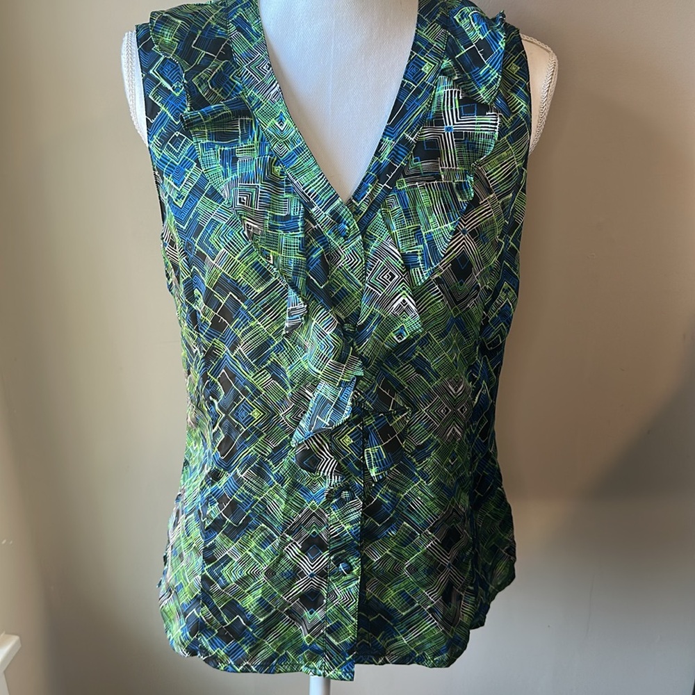 Tahari Blue and Green Geometric Blouse